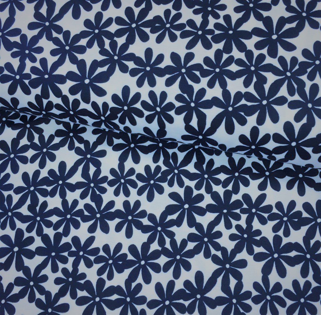 Tissu Jersey interlock Blanc Fleurs Bleu foncé