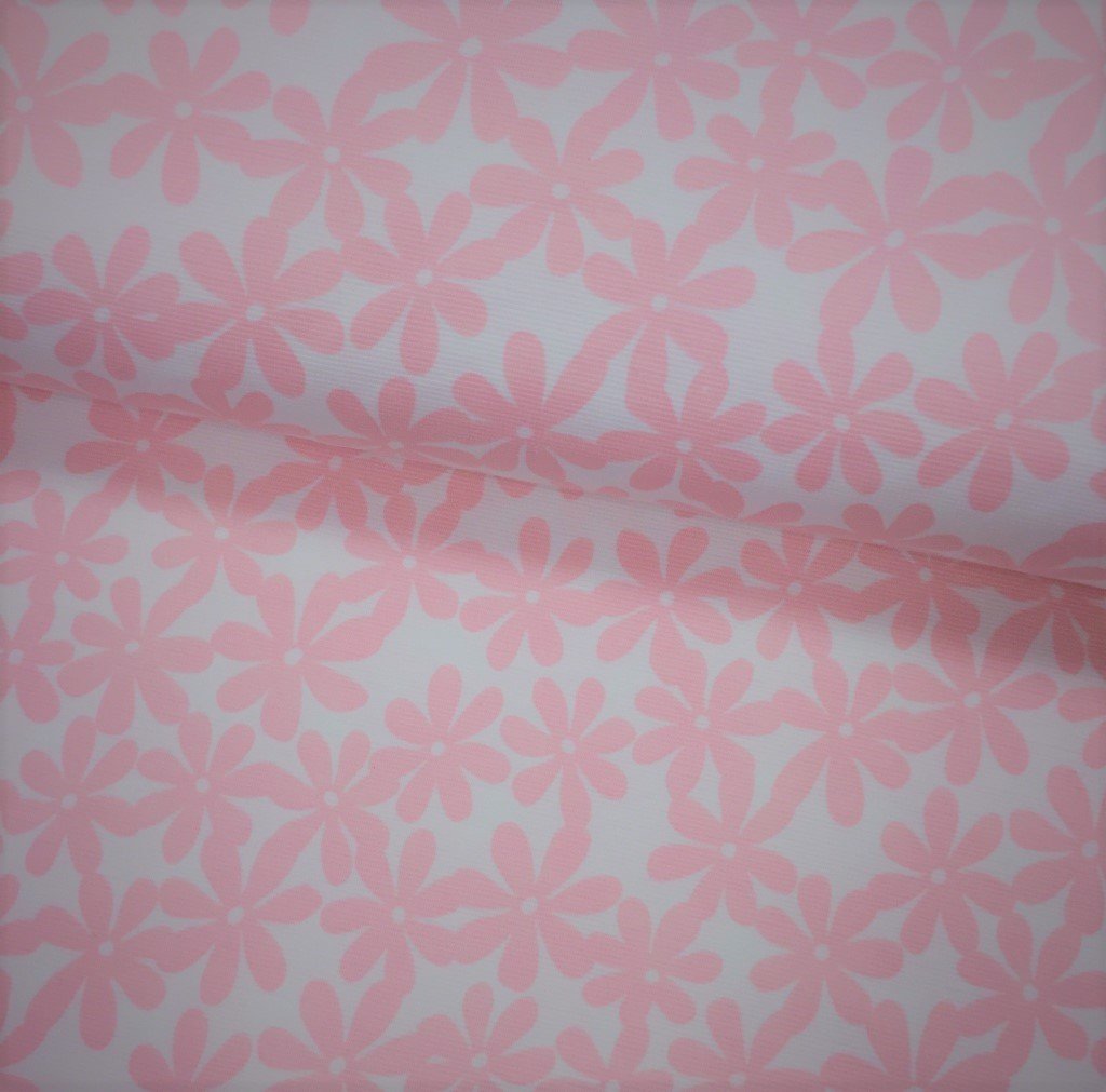 Tissu Jersey interlock Blanc Fleurs Rose pâle