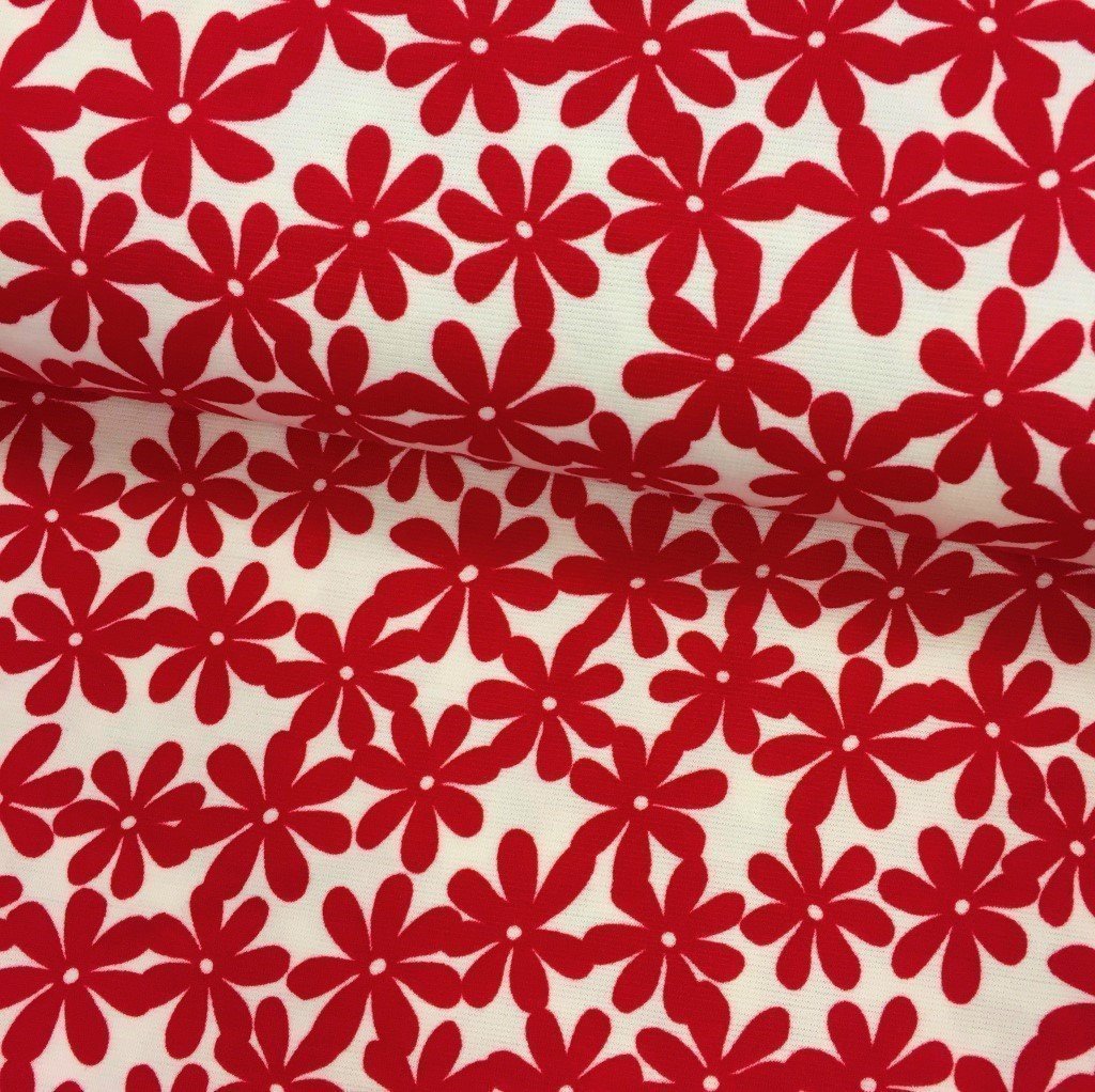 Tissu Jersey interlock Blanc Fleurs Rouges
