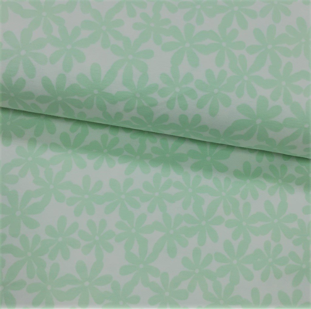 Tissu Jersey interlock Blanc Fleurs Vert menthe