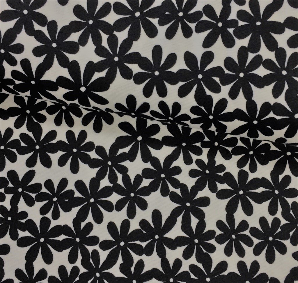 Tissu Jersey interlock Blanc Fleurs Noirs
