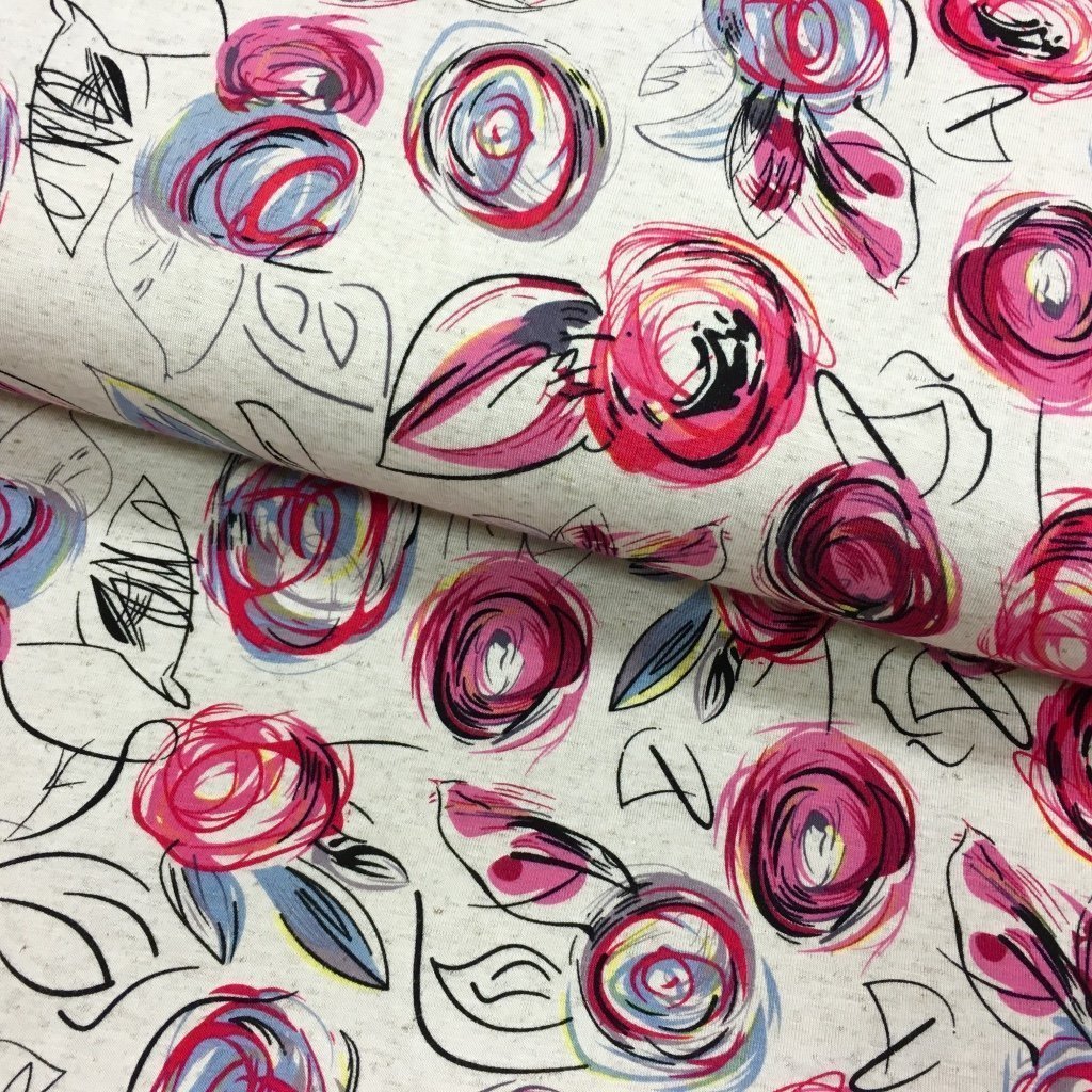 Tissu Jersey viscose et lin Beige chiné Roses Fuchsias