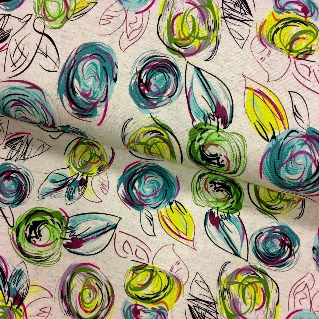 Tissu Jersey viscose et lin Beige chiné Roses Bleues