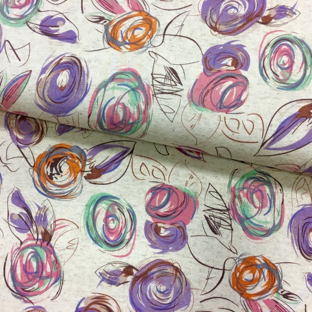 Tissu Jersey viscose et lin Beige chiné Roses Parmes