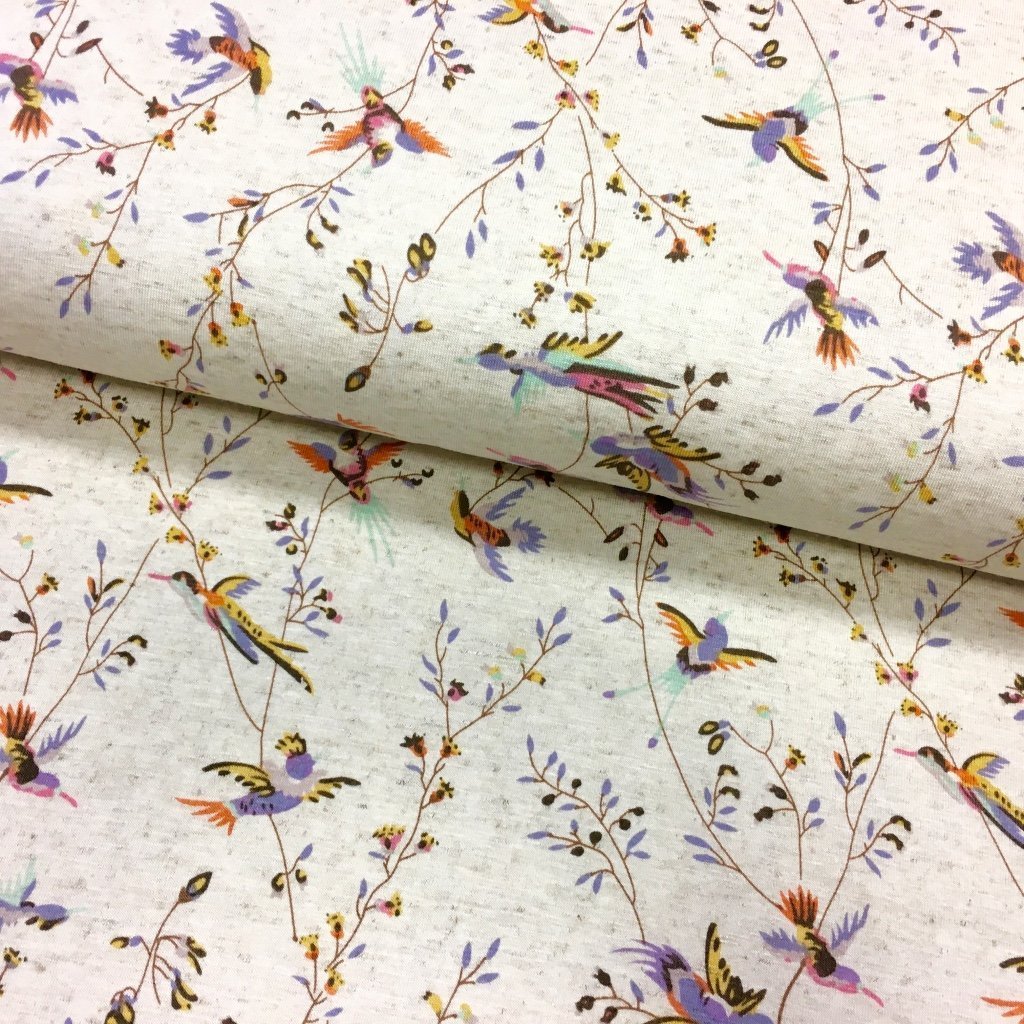 Tissu Jersey viscose et lin Beige chiné Oiseaux Parmes