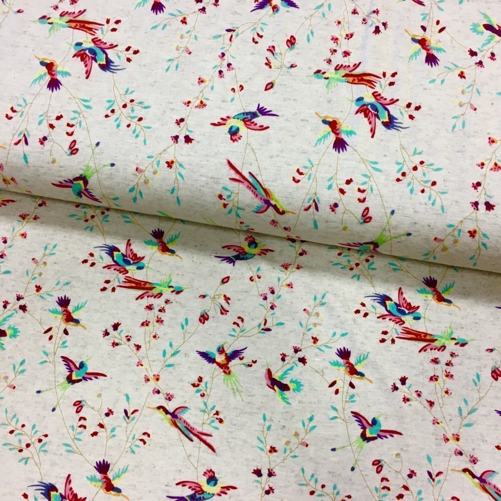 Tissu Jersey viscose et lin Beige chiné Oiseaux Rouges