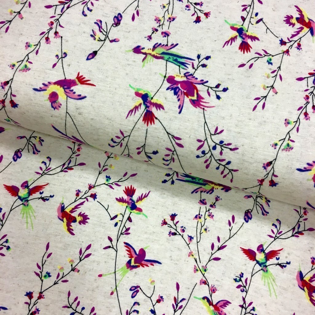 Tissu Jersey viscose et lin Beige chiné Oiseaux Violets