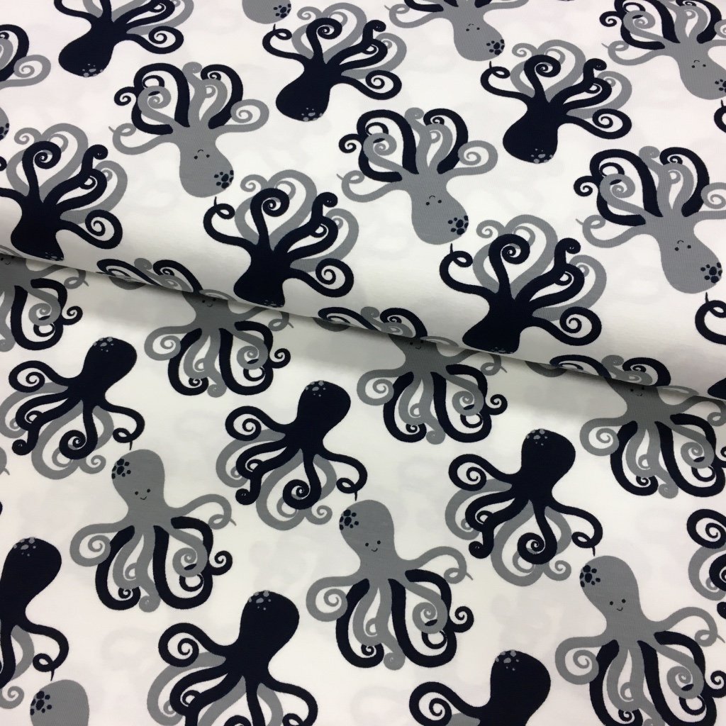 Tissu Jersey coton Blanc Pieuvres Bleues marines et grises