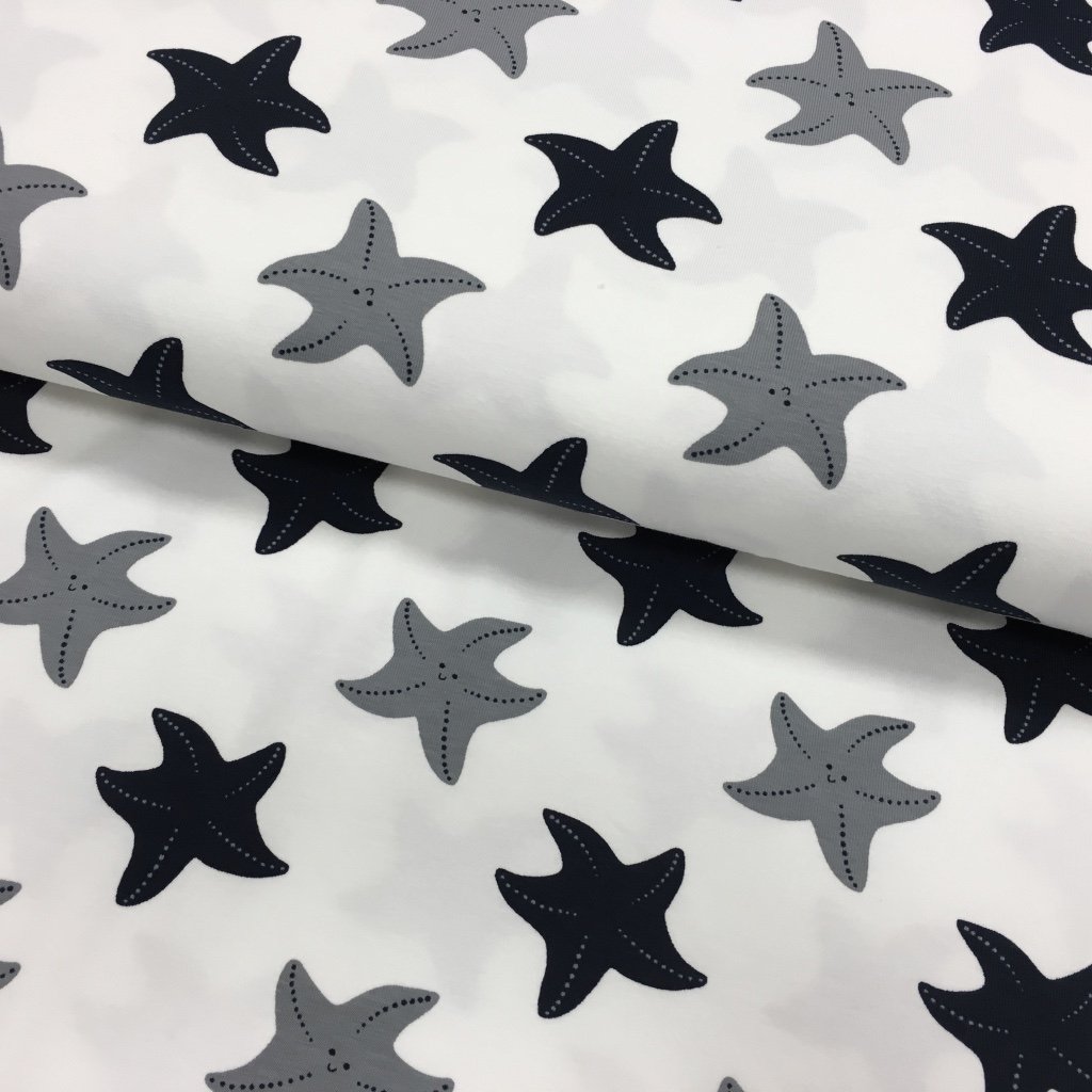 Tissu Jersey coton Blanc Etoiles de mer Bleues marines et grises
