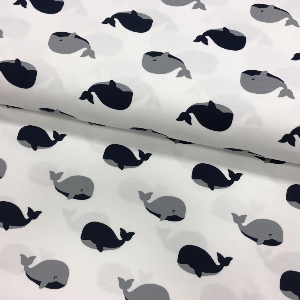 Tissu Jersey coton Blanc Baleines Bleues marines et grises