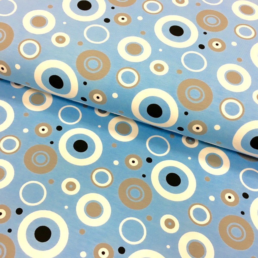 Tissu Jersey coton Bleu ciel Cercles Gris et blancs
