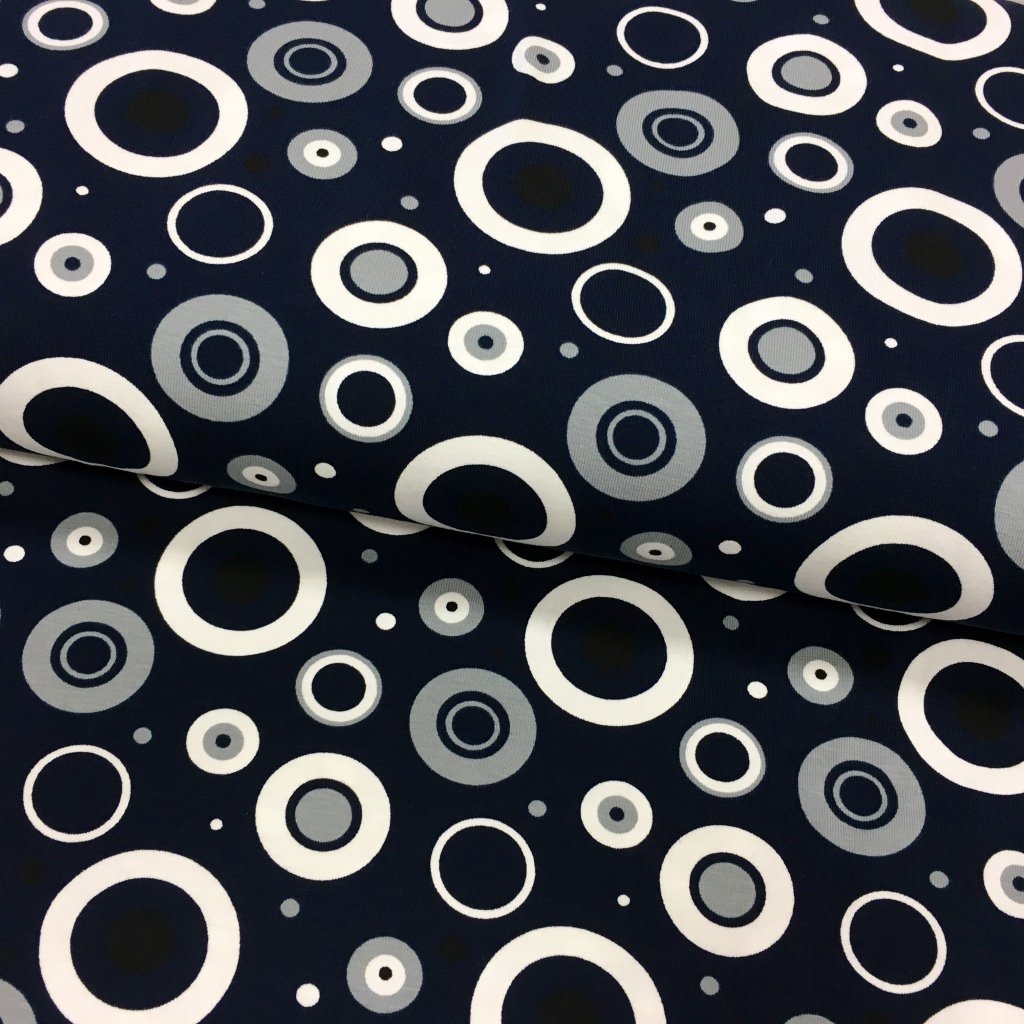 Tissu Jersey viscose Bleu foncé Cercles Gris et blancs