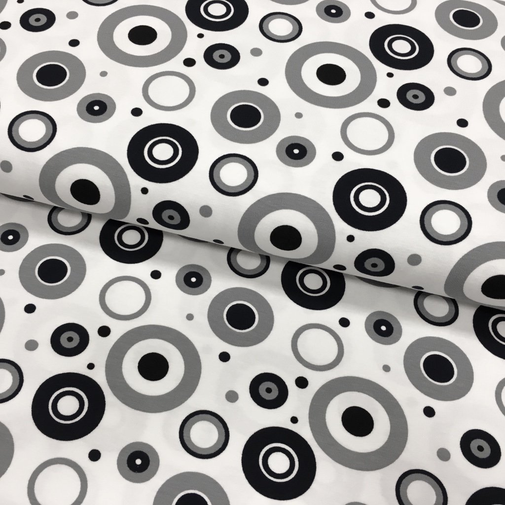 Tissu Jersey coton Blanc Cercles Gris et bleus