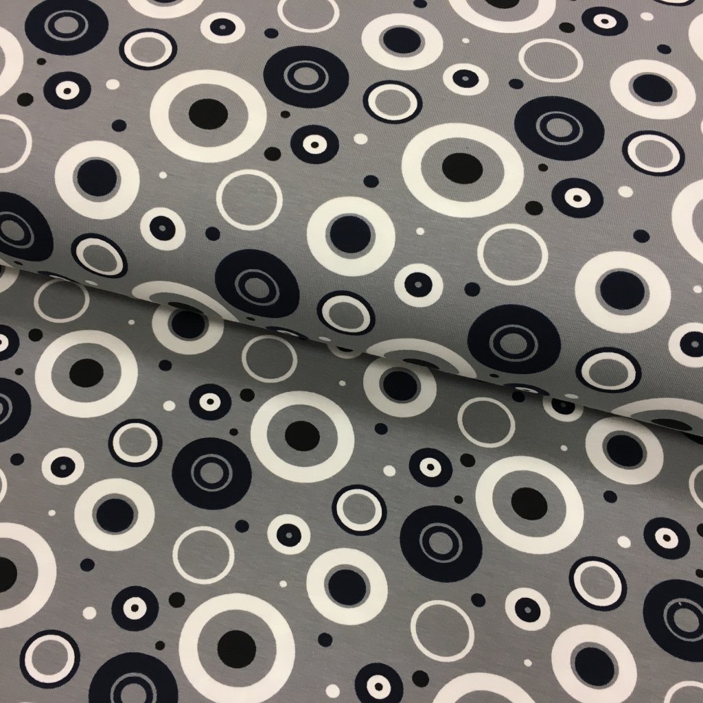 Tissu Jersey coton Gris clair Cercles Gris et noirs