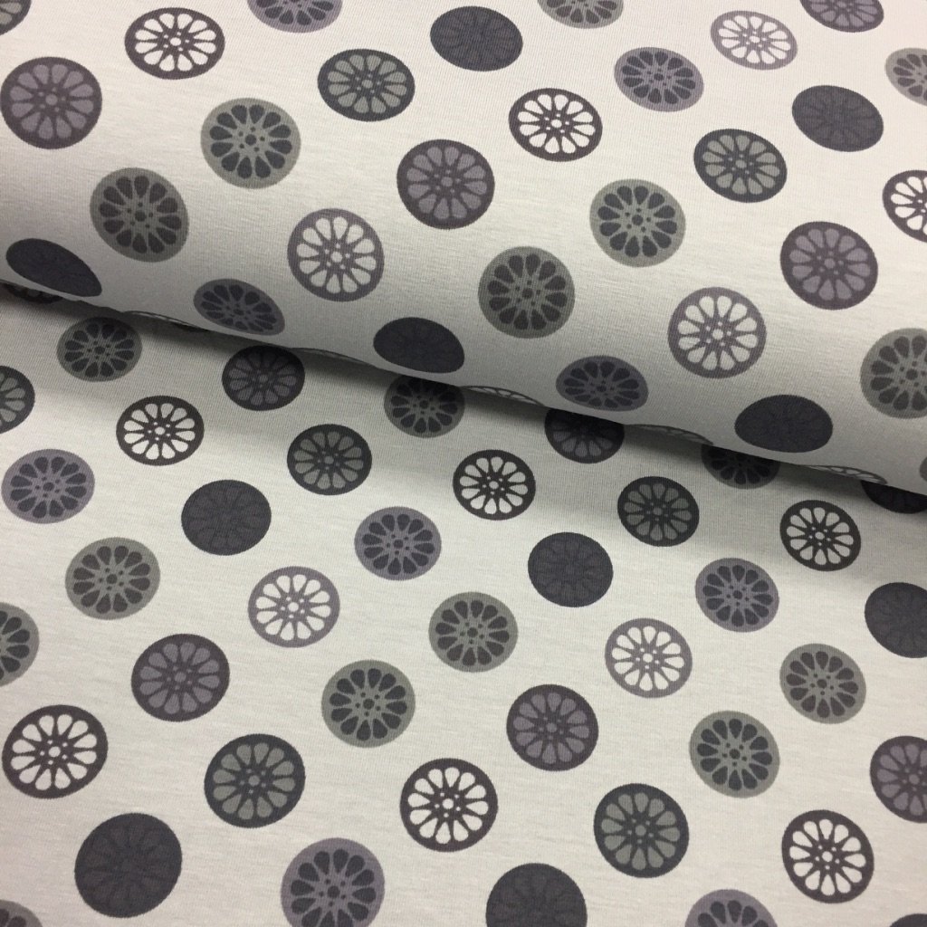 Tissu Jersey coton Gris Cercles Gris foncés et noirs