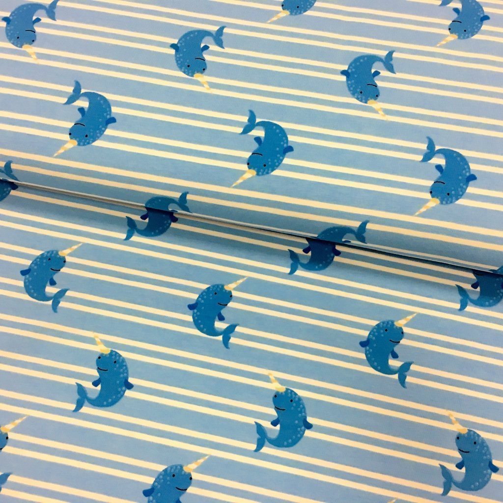 Tissu Jersey coton Bleu Marinère et baleines Blanches