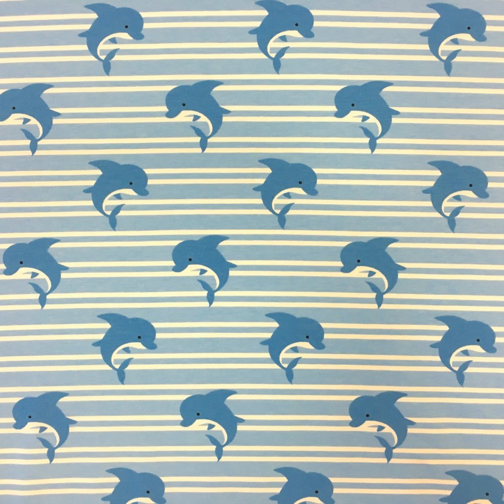 Tissu Jersey coton Bleu Marinière et dauphins Blanc