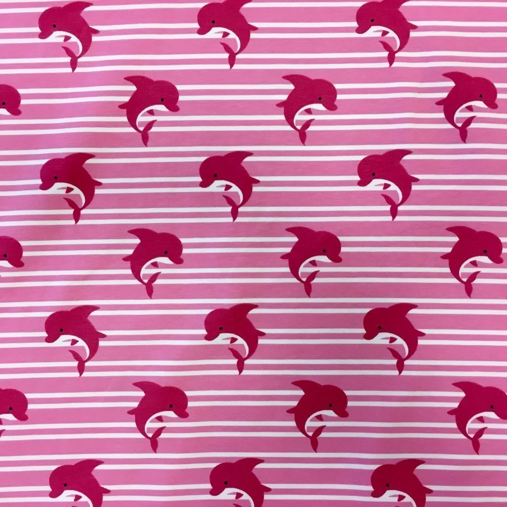 Tissu Jersey coton Rose Marinière et dauphins Blanc