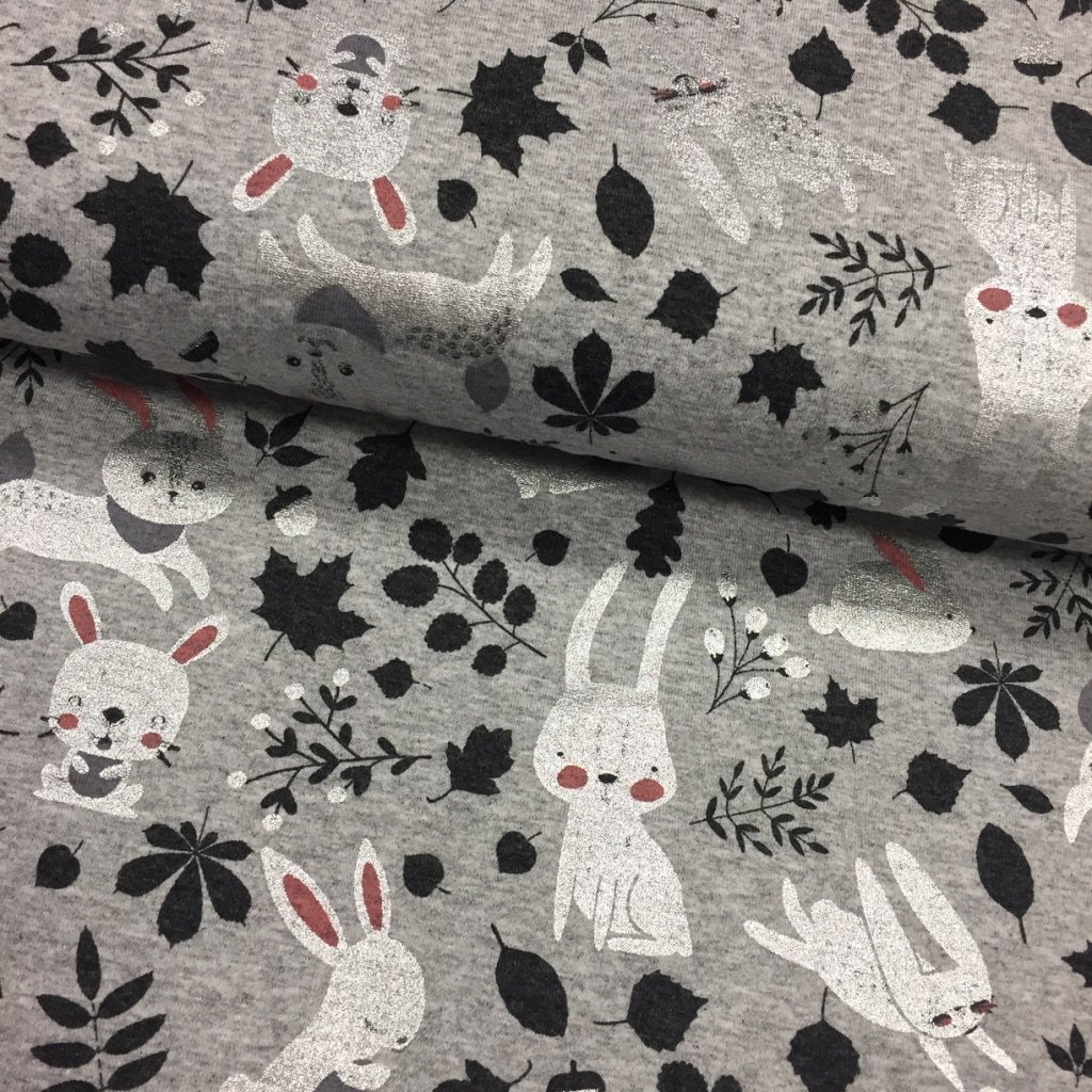 Tissu Jersey coton Gris Lapins Argent et noirs