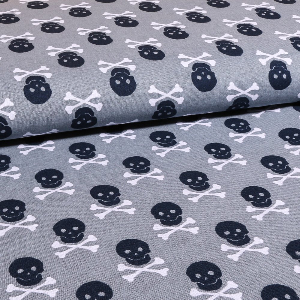 Tissu Coton Imprimé Gris pierre Tête de mort Marine et blanches