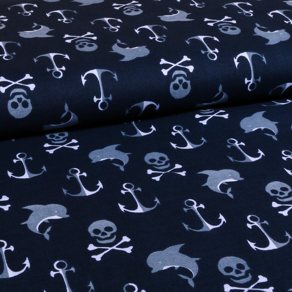 Tissu Coton Imprimé Marine Ancres, dauphins et têtes de mort Grises
