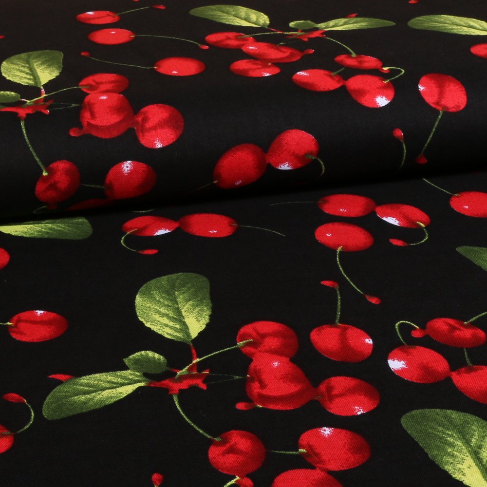 Tissu Coton LittleBird Cerises Noir