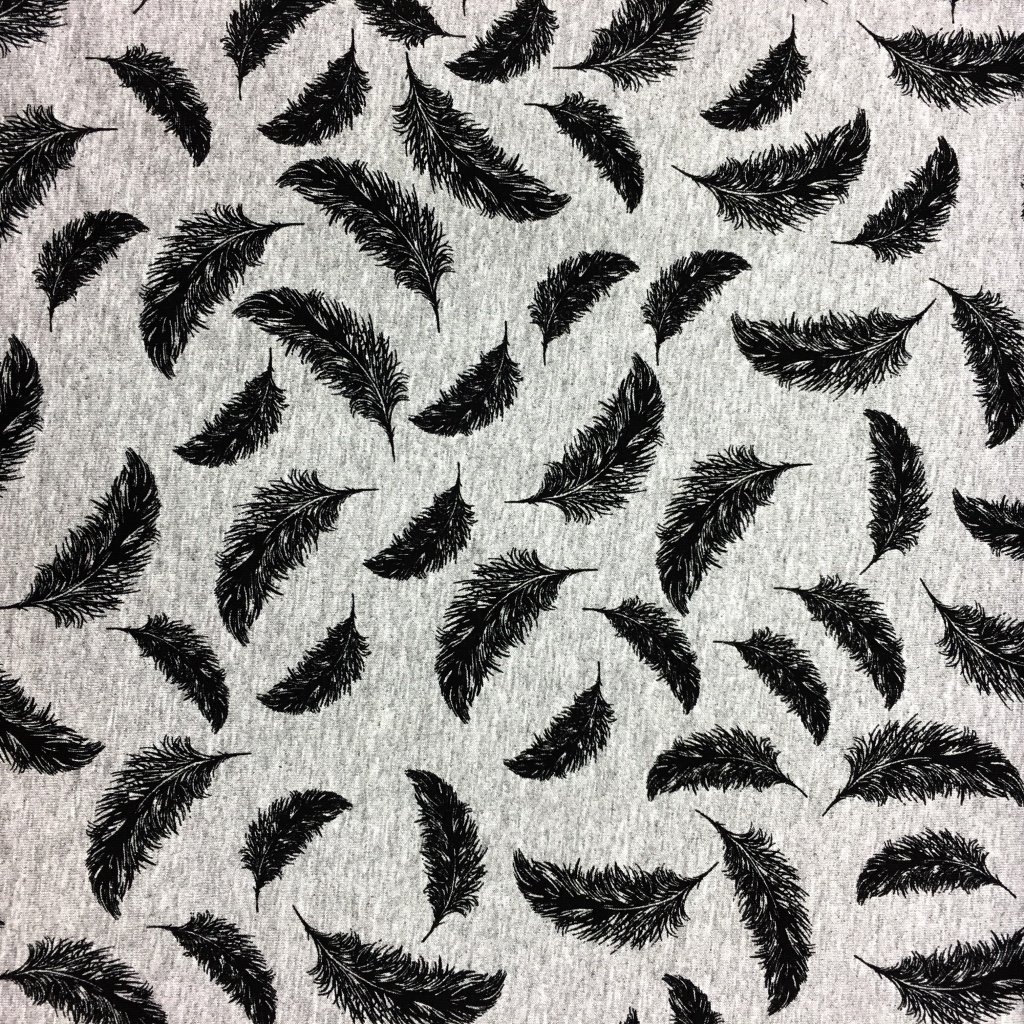 Tissu Jersey Viscose Gris chiné Plumes Noires