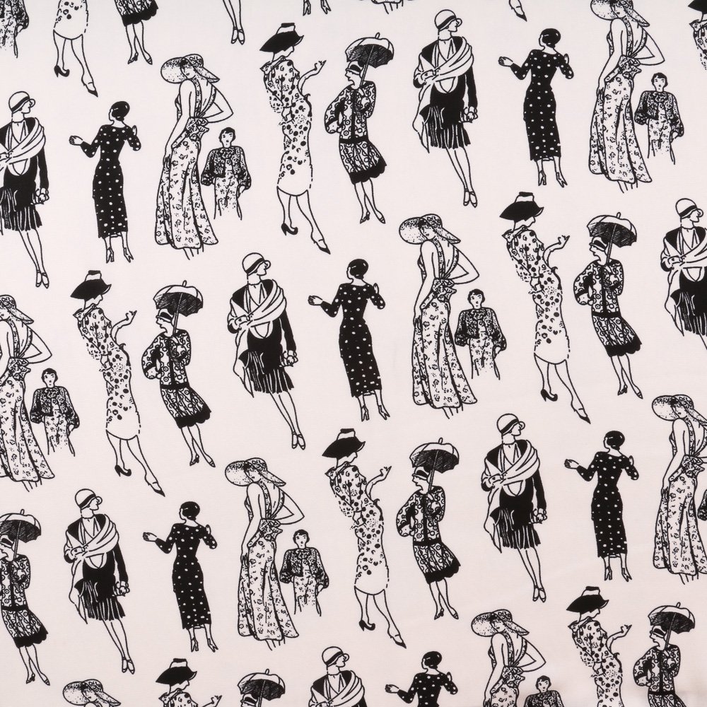 Tissu Mousseline Gravure de Mode Vintage Femmes en Noir sur Fond Blanc