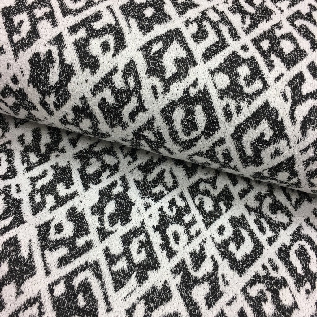 Tissu Maille pull Blanc Motif géométrique Noir