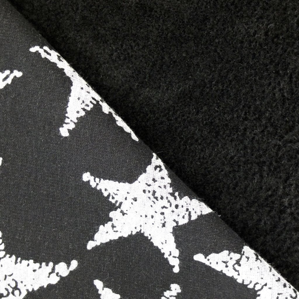 Tissu Sweat Envers Minky Big stars Noir Etoiles grises claires