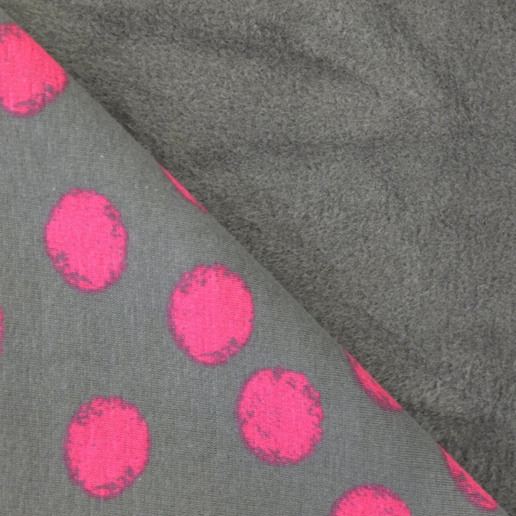 Tissu Sweat Envers Minky Circle Gris anthracite Ronds fuchsia