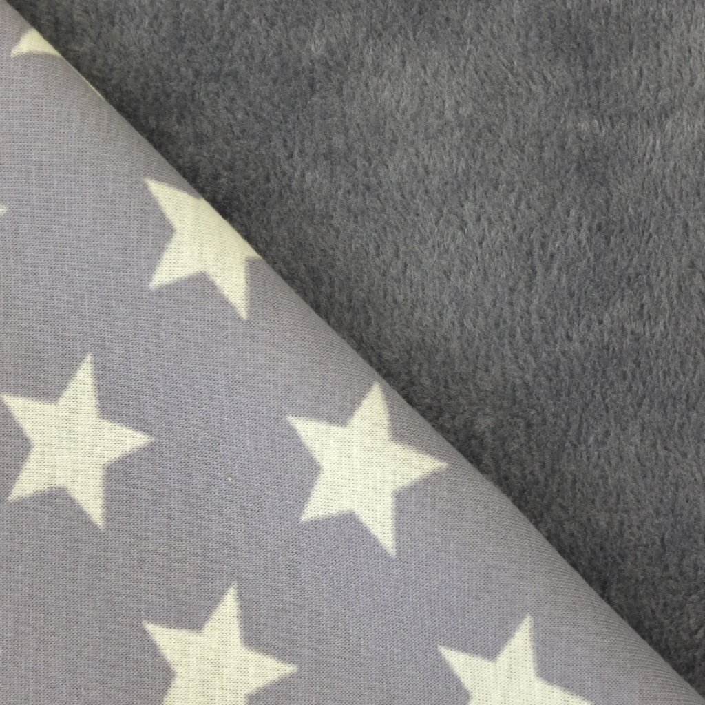Tissu Sweat Envers Minky Stars Gris clair Etoiles blanches