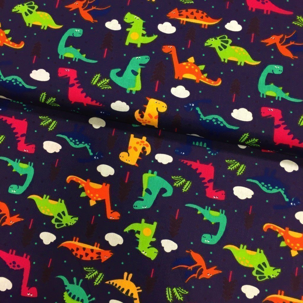 Tissu Popeline imprimée Bleu marine Dinosaures Bleus et jaunes