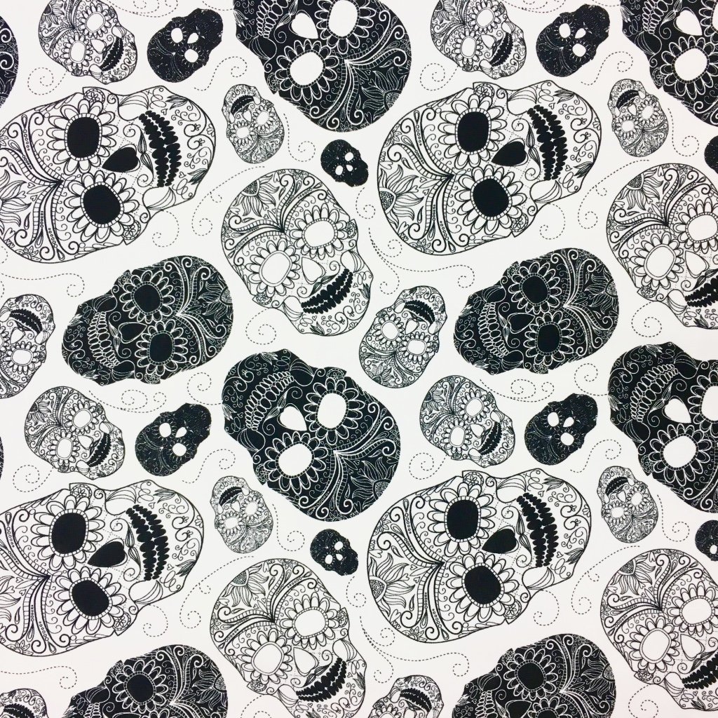 Tissu Jersey Coton Blanc Têtes de mort Noires