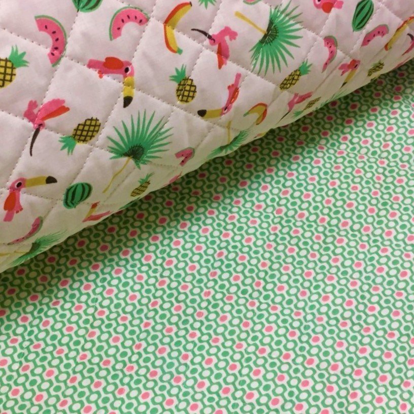 Tissu Matelassé Vert menthe Oiseaux et fruits Multicolores