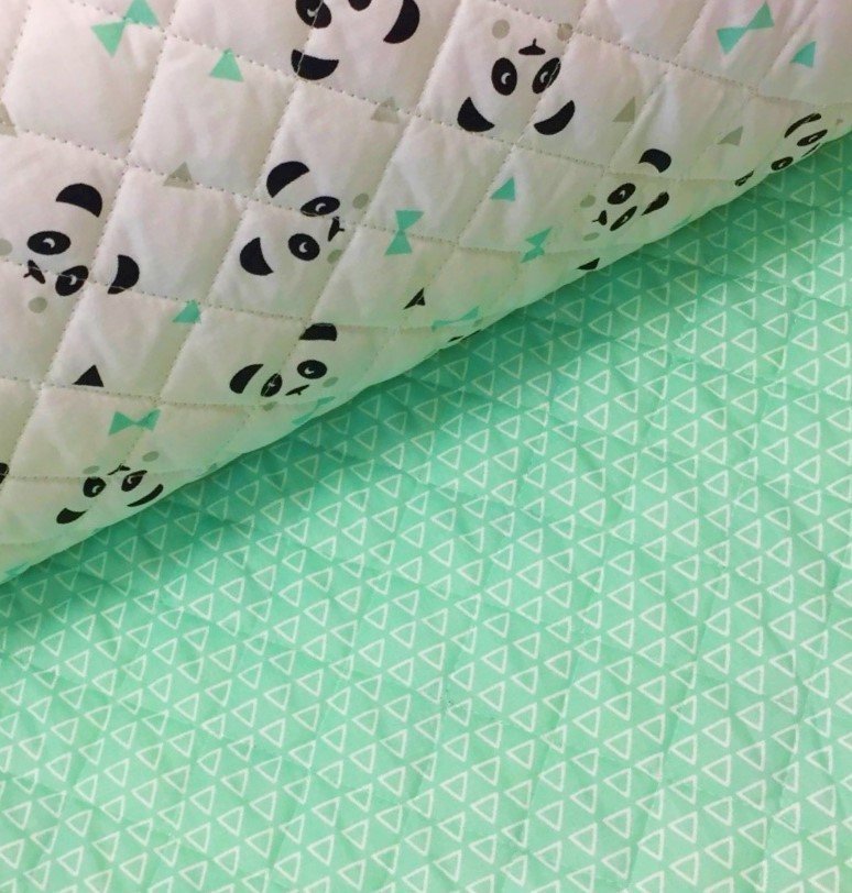 Tissu Matelassé Vert menthe Pandas Noirs