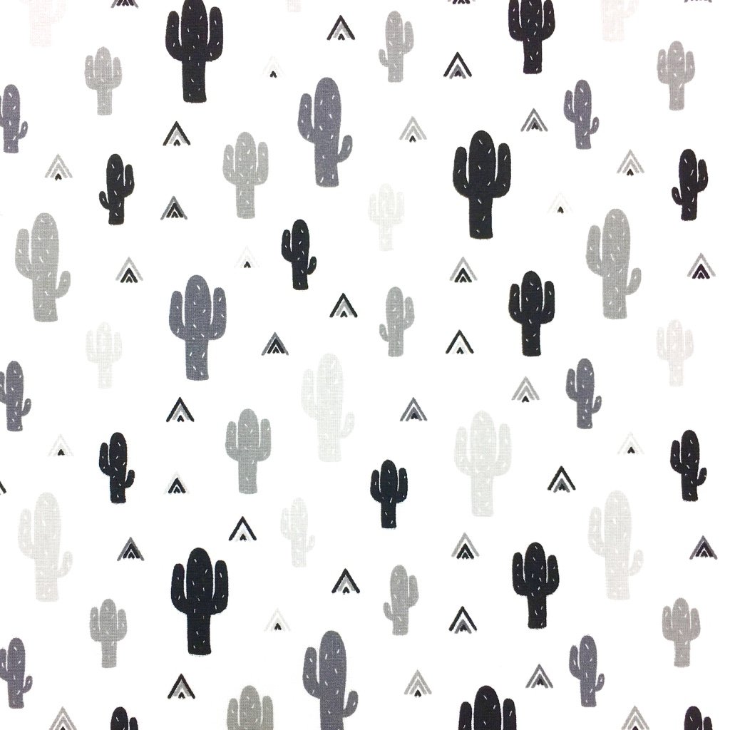 Tissu Coton Imprimé Arty Blanc Cactus Noirs et gris