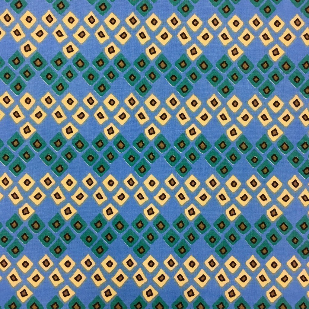 Tissu Coton Imprimé Arty Bleu Motifs aztèques Jaunes et verts