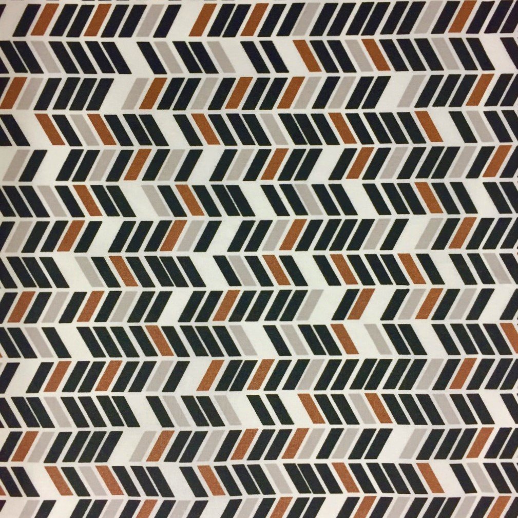 Tissu Coton Imprimé Arty Blanc Motifs aztèques Noirs, gris et cuivre