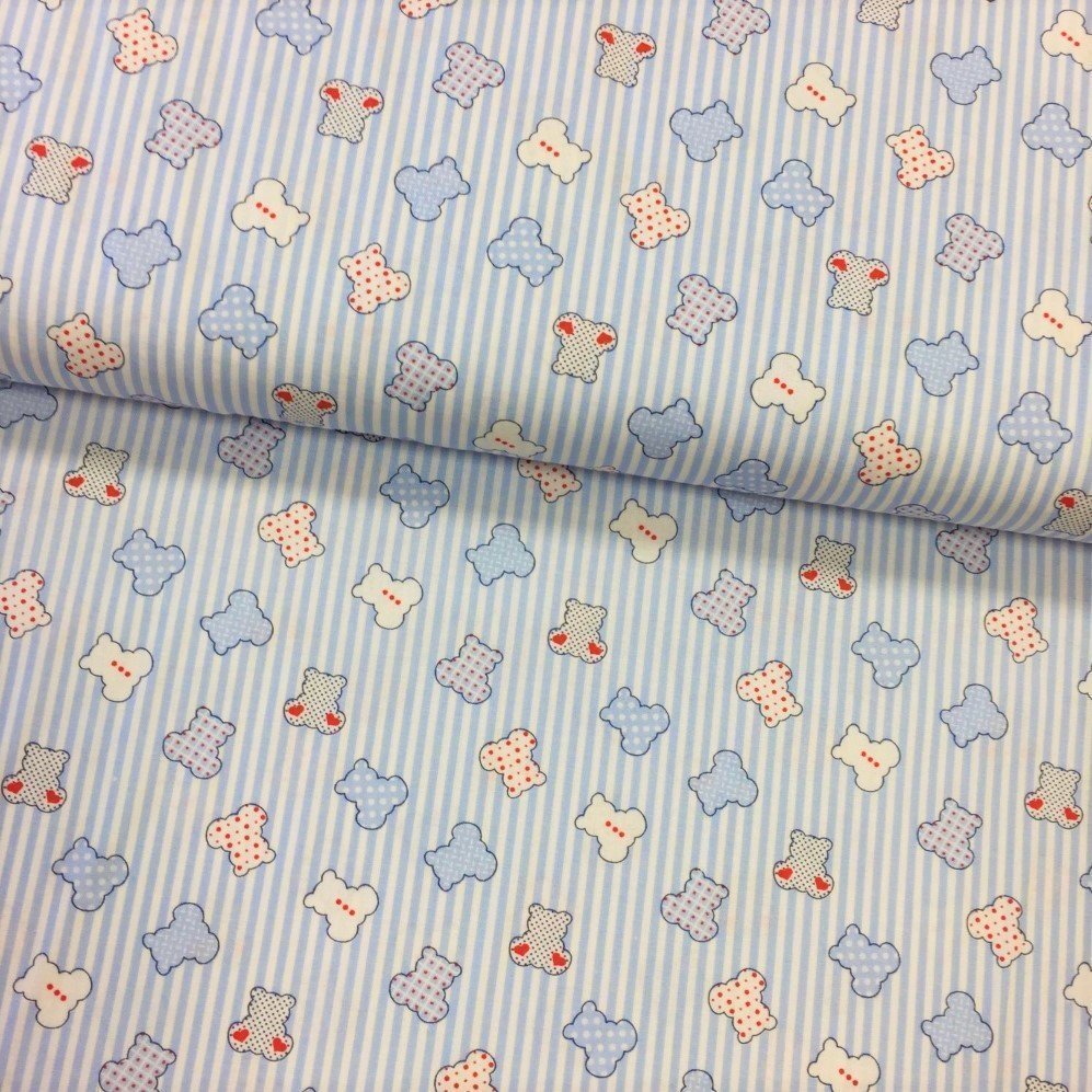 Tissu Popeline imprimée Bleu ciel Oursons Bleus