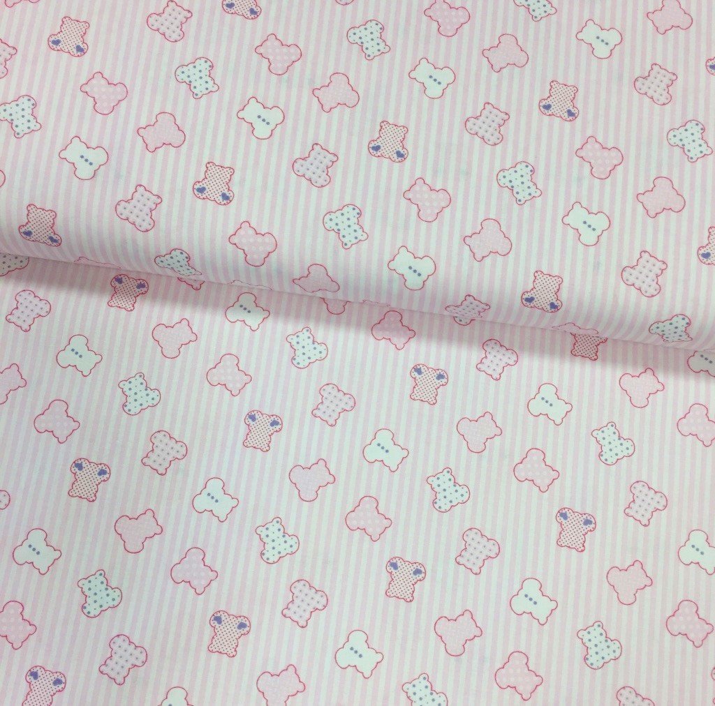 Tissu Popeline imprimée Rose bébé Oursons Roses