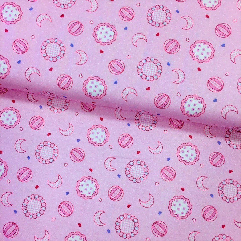 Tissu Popeline imprimée Rose bébé Lunes et ballons Roses