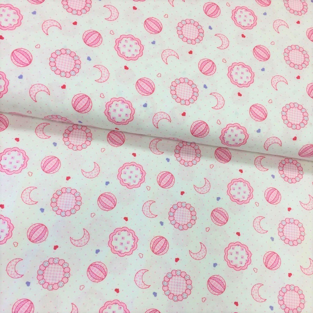 Tissu Popeline imprimée Blanc Lunes et ballons Roses