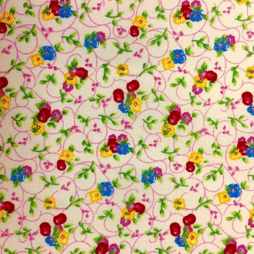 Tissu Coton imprimé Rose pâle Fleurs Rouges et bleues