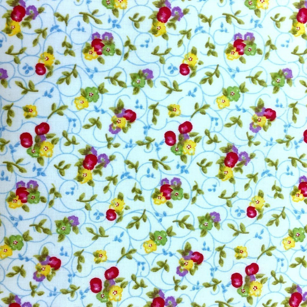 Tissu Coton imprimé Bleu ciel Fleurs Rouges et violettes