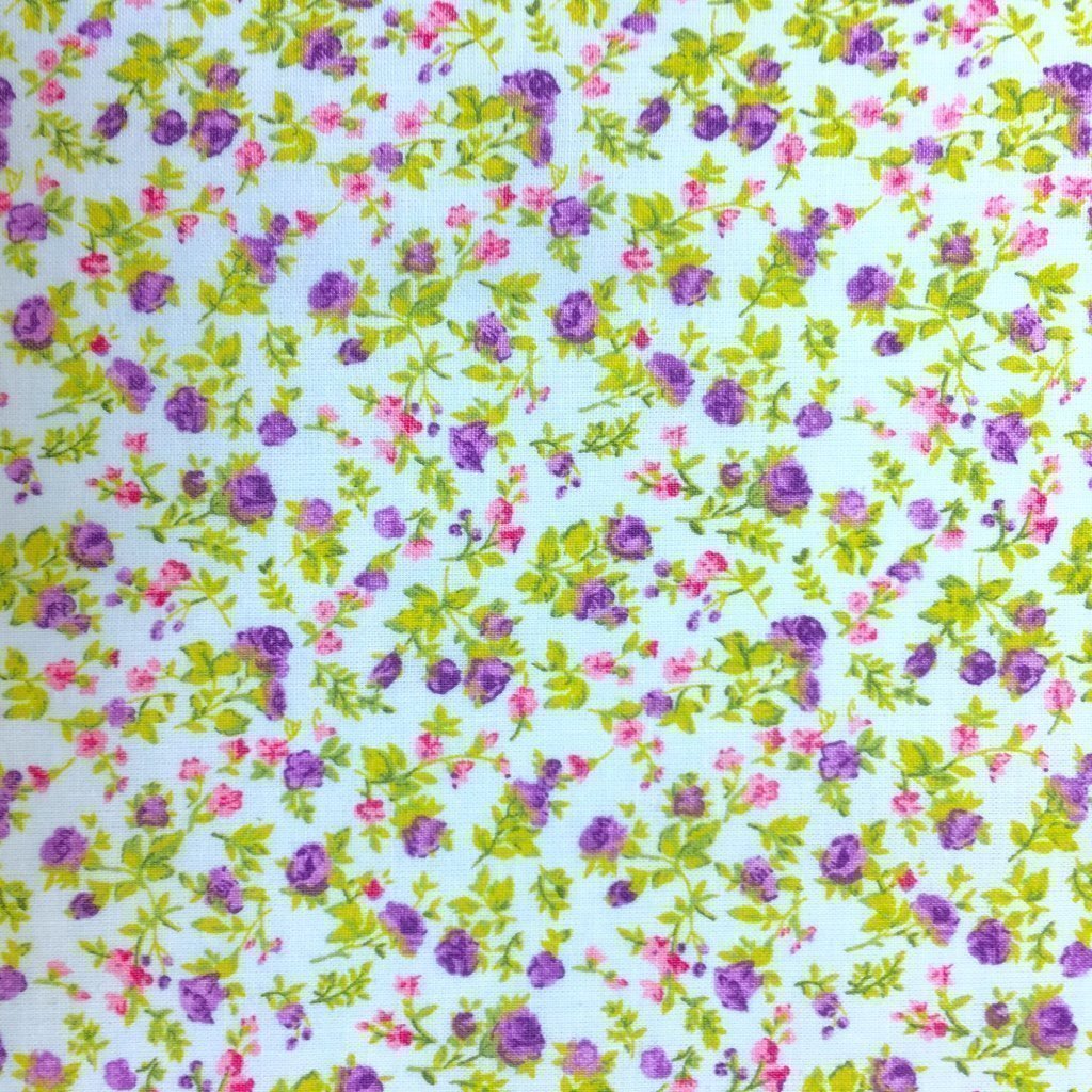 Tissu Coton imprimé Vert menthe Fleurs Violettes et roses