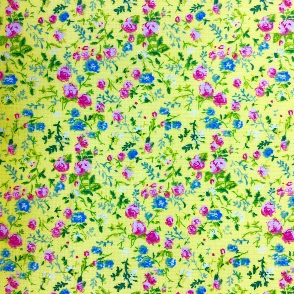 Tissu Coton imprimé Jaune citron Fleurs Roses et bleues