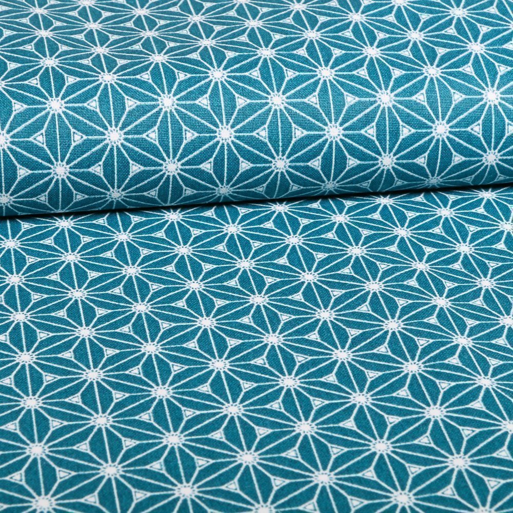 Tissu Coton Imprimé Arty Bleu pétrole Formes liées Blanches