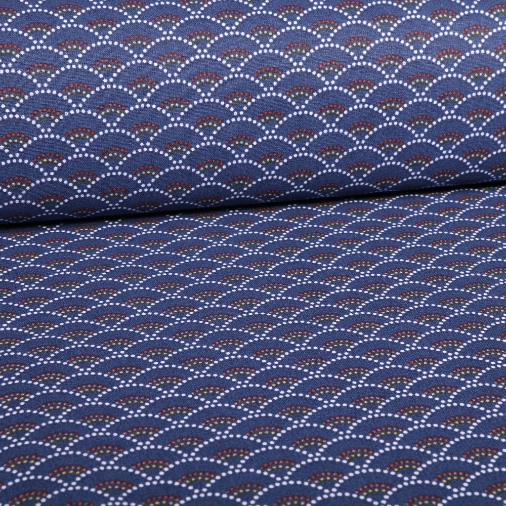 Tissu Coton Imprimé Arty Bleu nuit Eventail pointillés Blancs