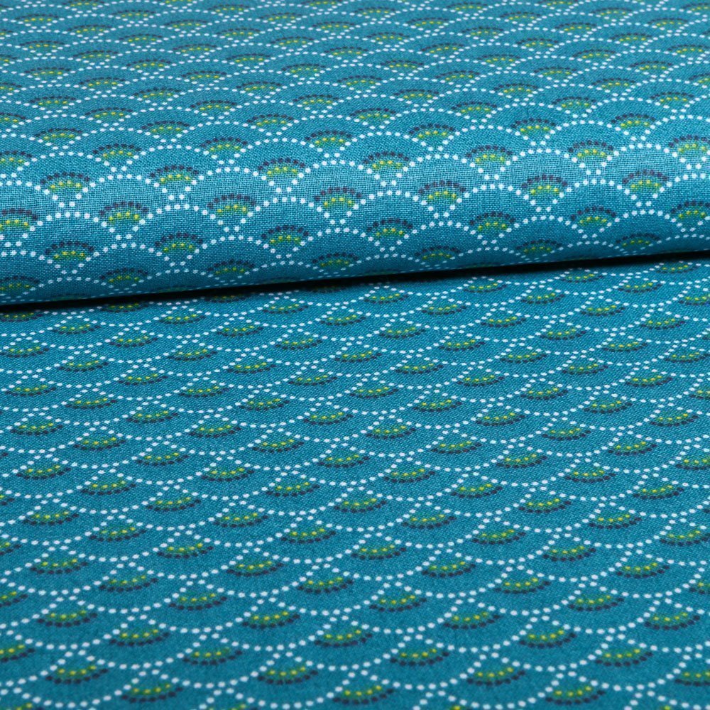 Tissu Coton Imprimé Arty Bleu vert Eventail pointillés Blancs